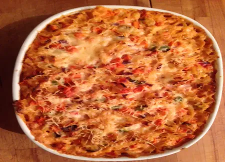 Gratin du soir pâtes-légumes à l'indienne