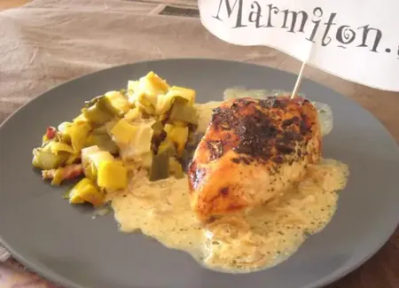 Poulet à la moutarde à l'ancienne et sa fondue de poireaux