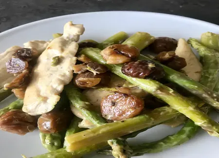 Aiguillettes de poulet aux asperges et aux marrons