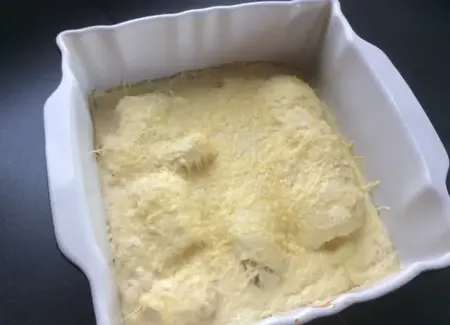 Gratin de lieu à la crème de bacon et à l'emmental